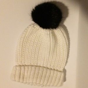 White & Black Pom Pom Fur Beanie/Knitted Hat Italy